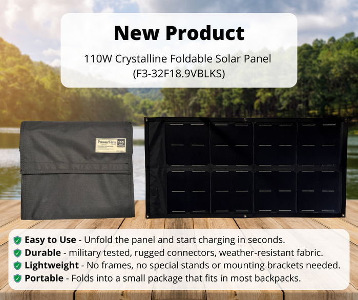 Promotional graphic for a new 110W crystalline foldable solar panel, showing the panel folded and unfolded by a lake. Highlights: easy to use, durable, lightweight, and portable.