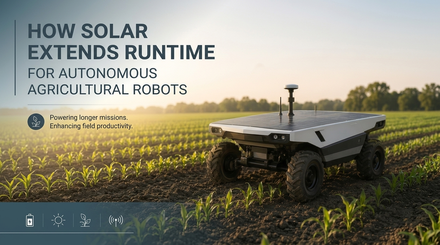 Graphic titled "HOW SOLAR EXTENDS RUNTIME FOR AUTONOMOUS AGRICULTURAL ROBOTS" featuring an autonomous robotic rover navigating a field of young green crops. Icons representing battery power, sunlight, and wireless connectivity are displayed on the left.