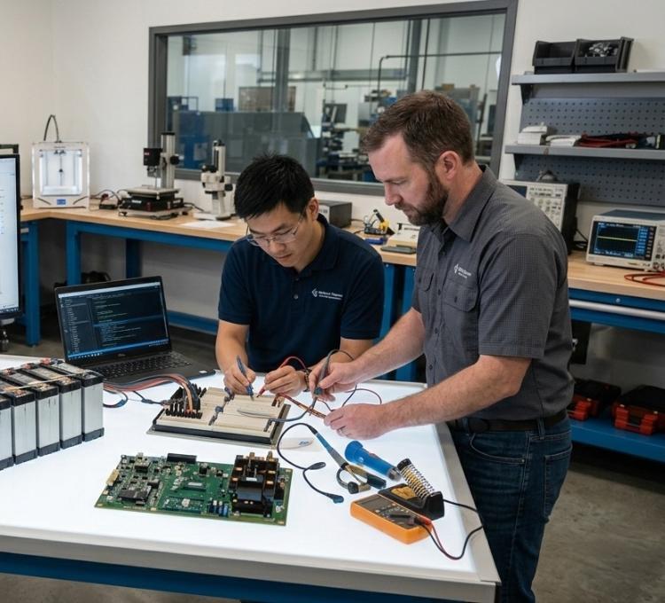 Two engineers working at a lab bench testing electronic circuit boards with probes and instruments, with computer screens and lab equipment in the background.