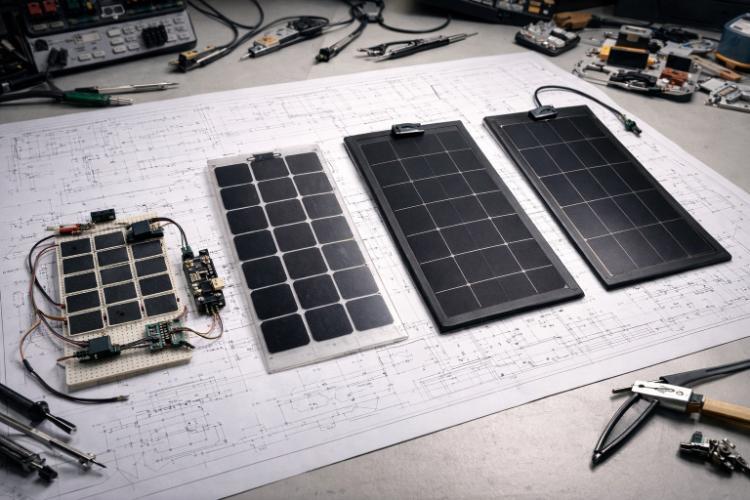 Different iterations of a small crystalline solar panel prototype.