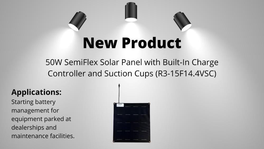 A product showcase for the 50W SemiFlex Solar Panel with built-in charge controller and suction cups (R3-15F14.4VSC). The image highlights the panel with text stating 