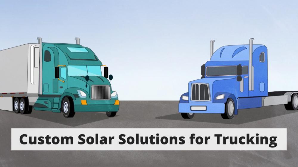 A digital illustration of two semi-trucks, one green with a trailer and one blue without, parked on a road against a light blue sky. A bold text banner at the bottom reads, 
