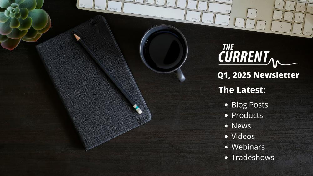 Succulent and office desk scene with Q1 2025 PowerFilm newsletter content outlined on the right side.