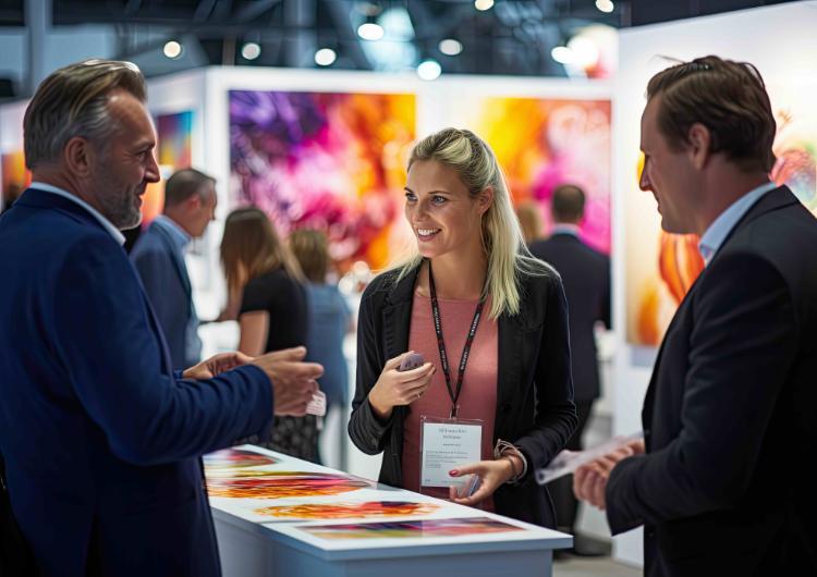 Smiling woman speaking with two men at a trade show booth with colorful artwork in the background.