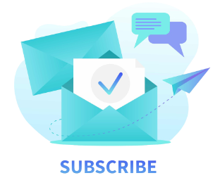 Illustration of an open envelope with a checkmark, paper airplane, and speech bubbles above the word 'SUBSCRIBE'.