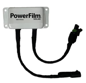 White PowerFilm Charge Controller with Solar input and output cable connections.