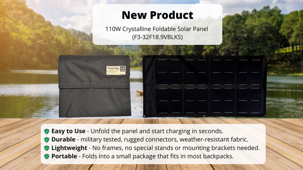 Promotional graphic for a new 110W crystalline foldable solar panel, showing the panel folded and unfolded by a lake. Highlights: easy to use, durable, lightweight, and portable.