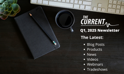 Modern desktop layout showing Q1 2025 newsletter topics such as blog posts, videos, and product updates.