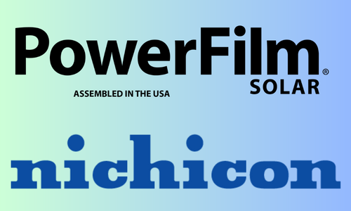 PowerFilm and Nichicon company logos on stacked on a green and blue gradient background
