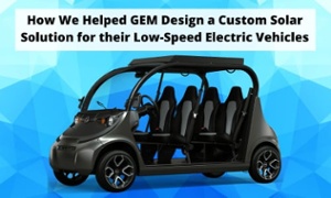 A gray and black rendering of GEM car with a custom solar panel on top and a blue geometric shape background