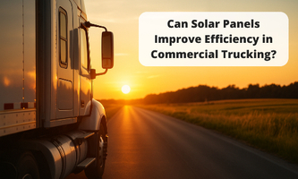 Side view of a commercial truck driving on an empty road at sunset with a text overlay asking about solar panel efficiency in trucking.