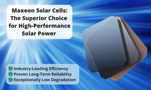 Sections of a Maxeon solar cell on a blue background with text highlighting efficiency, reliability, and low degradation for high-performance solar power.