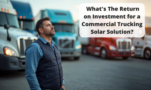 Man standing in front of parked semi-trucks with a text overlay asking about return on investment for a commercial trucking solar solution.