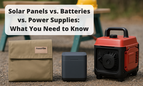 Folded solar panel, power station, and gas generator displayed outdoors with text overlay: 'Solar Panels vs. Batteries vs. Power Supplies: What You Need to Know'.