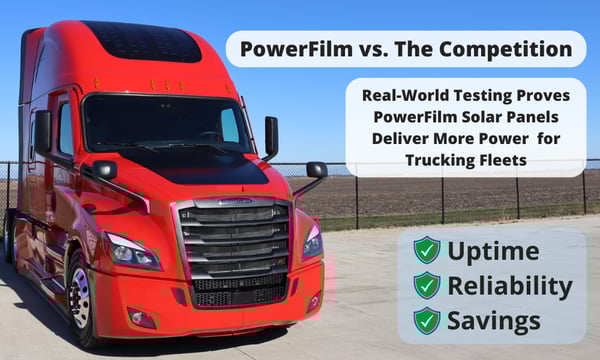Red semi-truck with solar panels on the cab roof parked outdoors. Graphic text reads “PowerFilm vs. The Competition” and highlights fleet testing, uptime, reliability, and savings benefits.