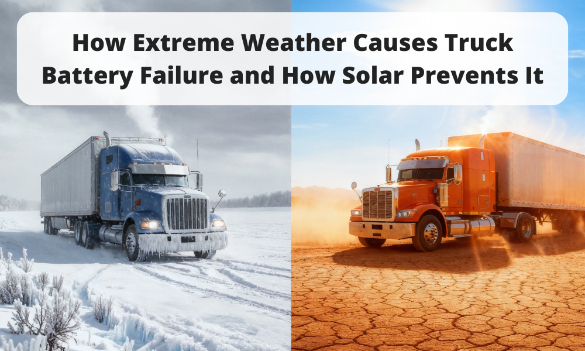 Graphic reading “How Extreme Weather Causes Truck Battery Failure and How Solar Prevents It,” with a semi truck in snowy winter conditions on the left and a semi truck in hot desert conditions on the right.