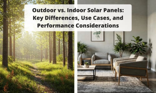 Split image with a sunlit forest path on the left and a modern indoor living room on the right, overlaid with the text: "Outdoor vs. Indoor Solar Panels: Key Differences, Use Cases, and Performance Considerations."