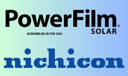 PowerFilm and Nichicon company logos on stacked on a green and blue gradient background