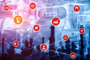 industrial automation equipment with icons of connected devices