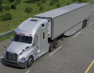 Grey semi truck with solar panels on the fairing, TRU, and trailer