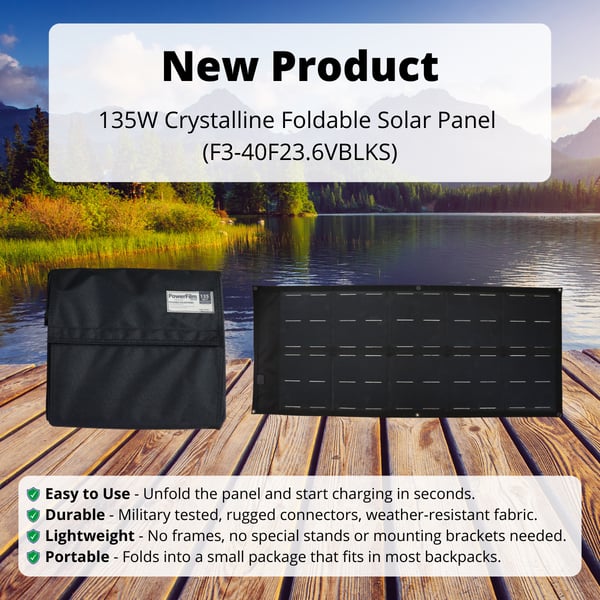 Promotional image of a 135W crystalline foldable solar panel, shown folded in a black case and unfolded on a dock by a lake, with text highlighting easy use, durability, lightweight design, and portability.