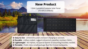 Promotional image of a 135W crystalline foldable solar panel, shown folded in a black case and unfolded on a dock by a lake, with text highlighting easy use, durability, lightweight design, and portability.