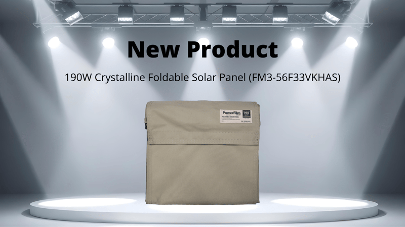 Product display of a khaki PowerFilm 190W Crystalline Foldable Solar Panel with spotlights and the product's model number