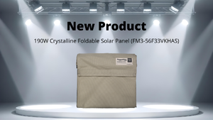 Product display of a khaki PowerFilm 190W Crystalline Foldable Solar Panel with spotlights and the product's model number