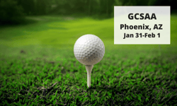 Golf ball on a tee in green grass with text GCSAA Phoeniz, AZ Jan 31-Feb 1 overlayed