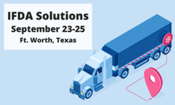 Animated refrigerated truck on a blue background with the text IFDA Solutions September 23-25 Ft. Worth, Texas on a white square