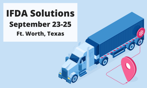 Animated refrigerated truck on a blue background with the text IFDA Solutions September 23-25 Ft. Worth, Texas on a white square