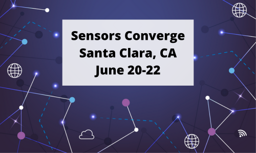 Colored lines expanding out on a black background with the Sensor's Converge Santa Clara, CA June-2022 text on a semi-transparent white background