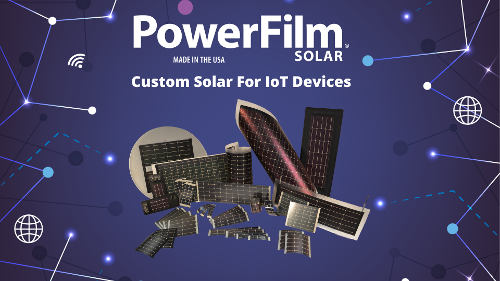 PowerFilm logo in white with Custom Solar For IoT Devices in white with custom solar panel options on a blue IoT-themed background
