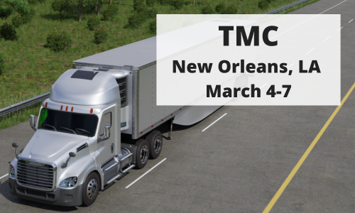 Semi-truck on the road with solar panels installed in several locations with text TMC New Orleans, LA March 4-7 overlayed.