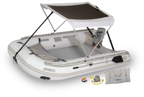 Solar panel on the canopy of a Torqeedo electric inflatable boat